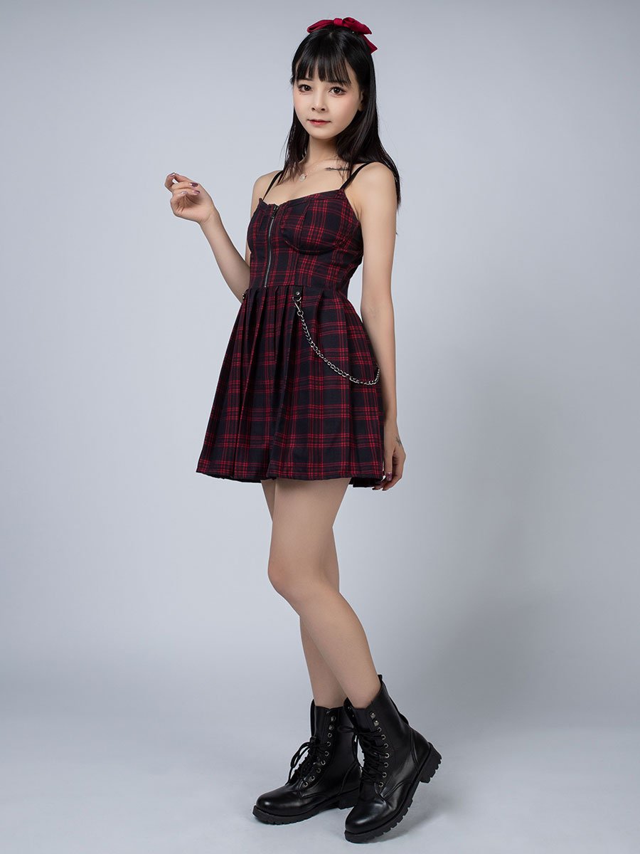 Gothic Grunge Spaghetti Strap Plaid Mini Dress mp005895 - cosfun