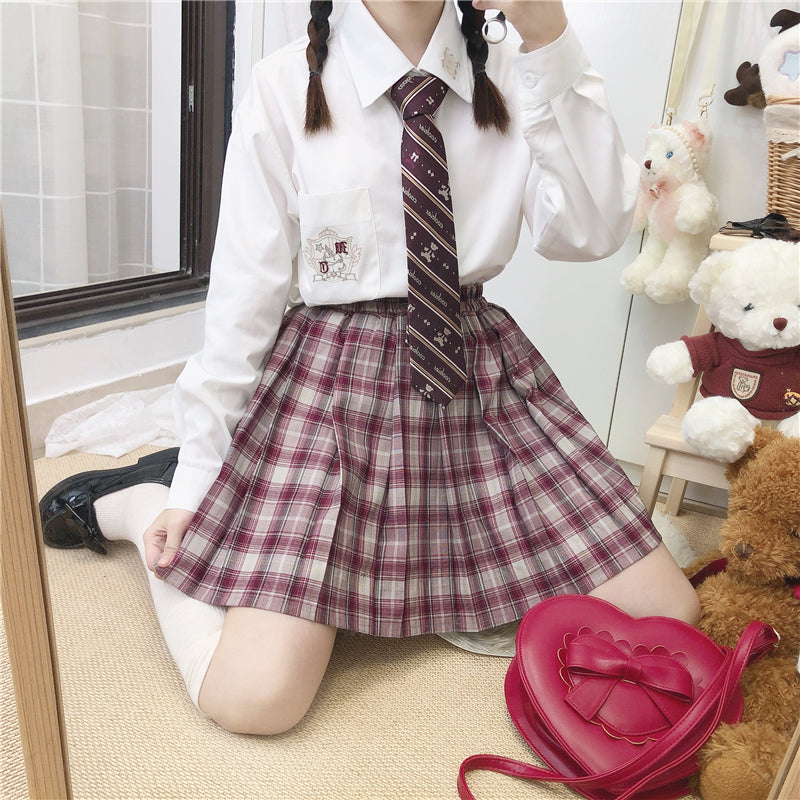 Soft Girl Versatile Wine Red Plaid Elastic Pleated Uniform Skirt