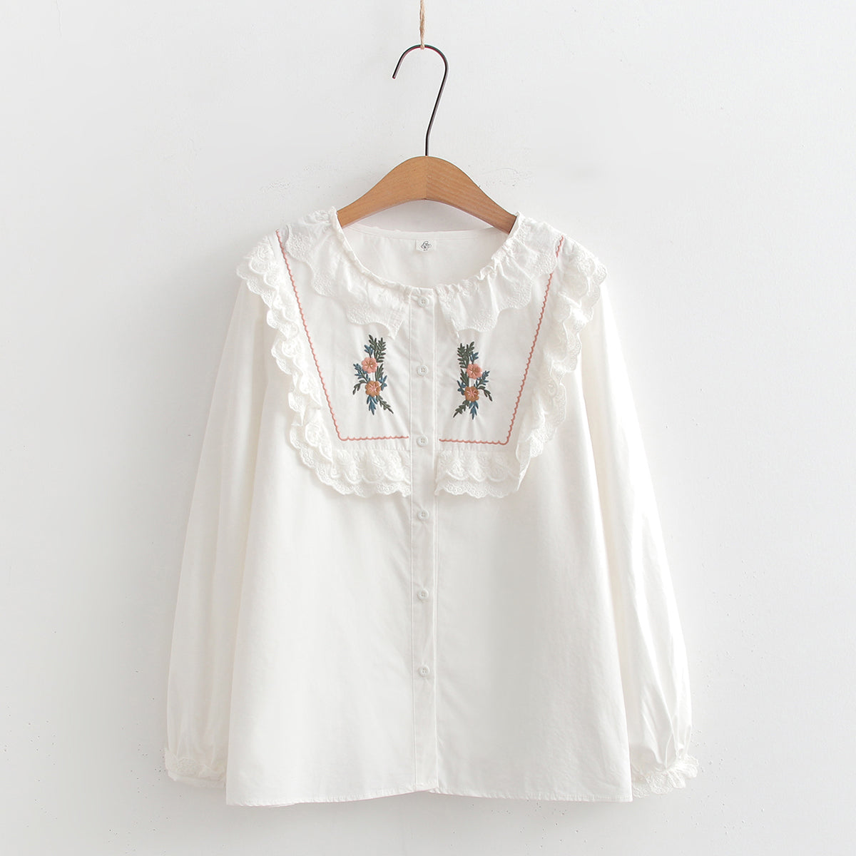 Lace Doll Neck Double Layer Embroidery Long Sleeve Shirt