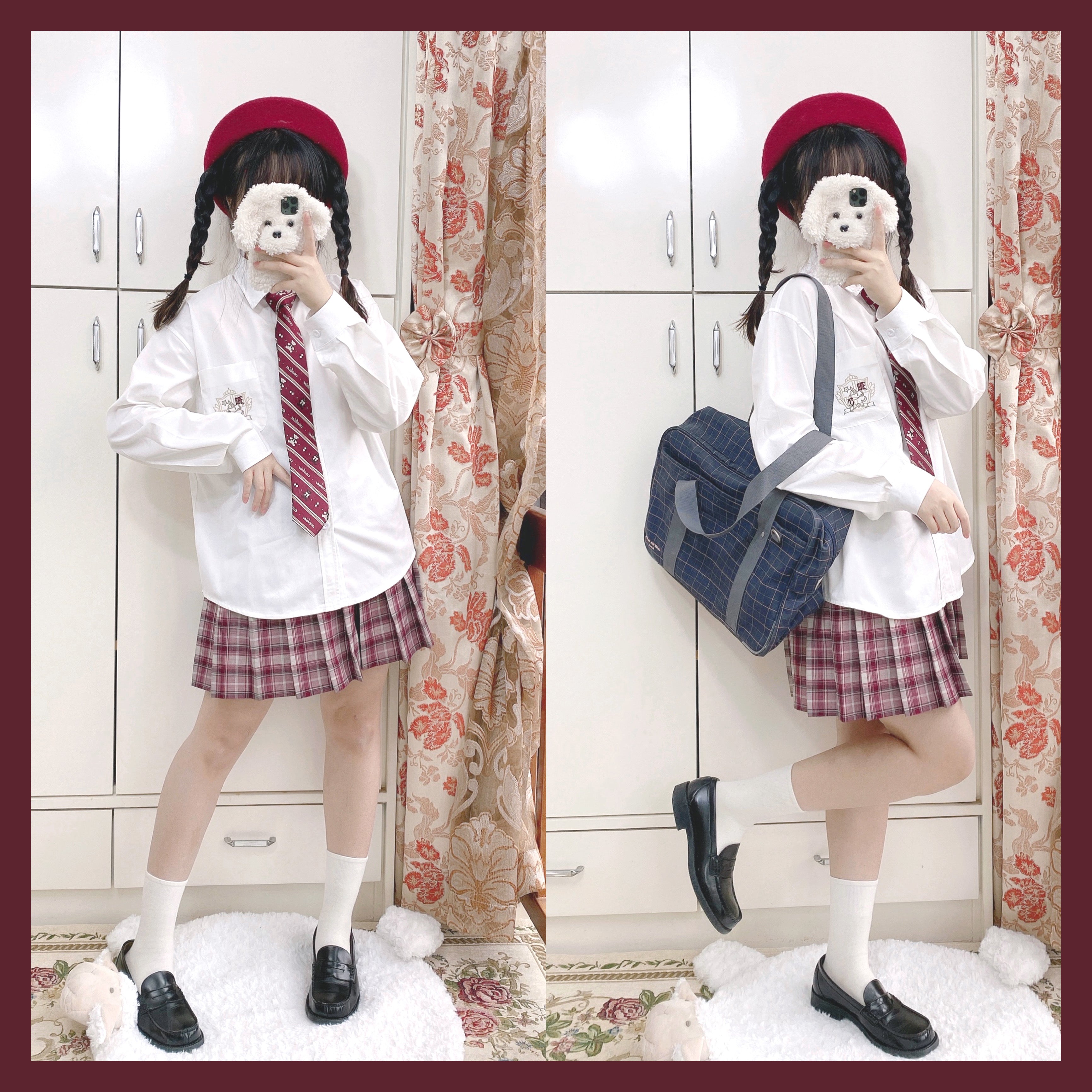 Soft Girl Versatile Wine Red Plaid Elastic Pleated Uniform Skirt