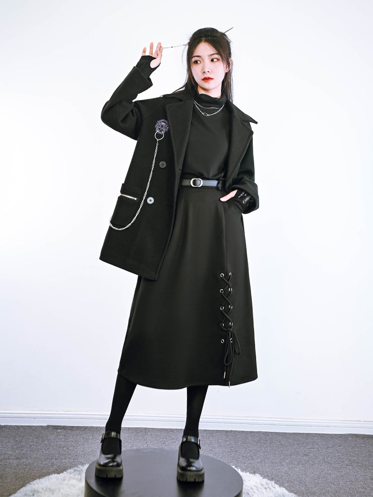 Winter Black Thickened Split A-line Long Skirt