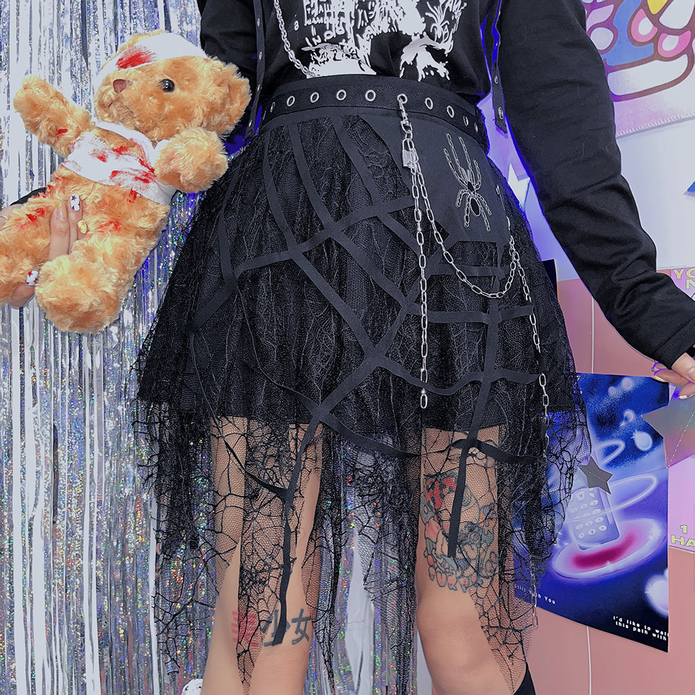 Punk Spider Chain Irregular Lace Skirt