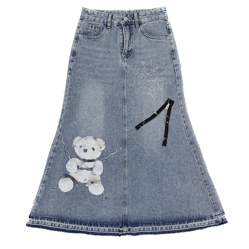 Street Bear Hot Girl Fashion Denim Long Skirt