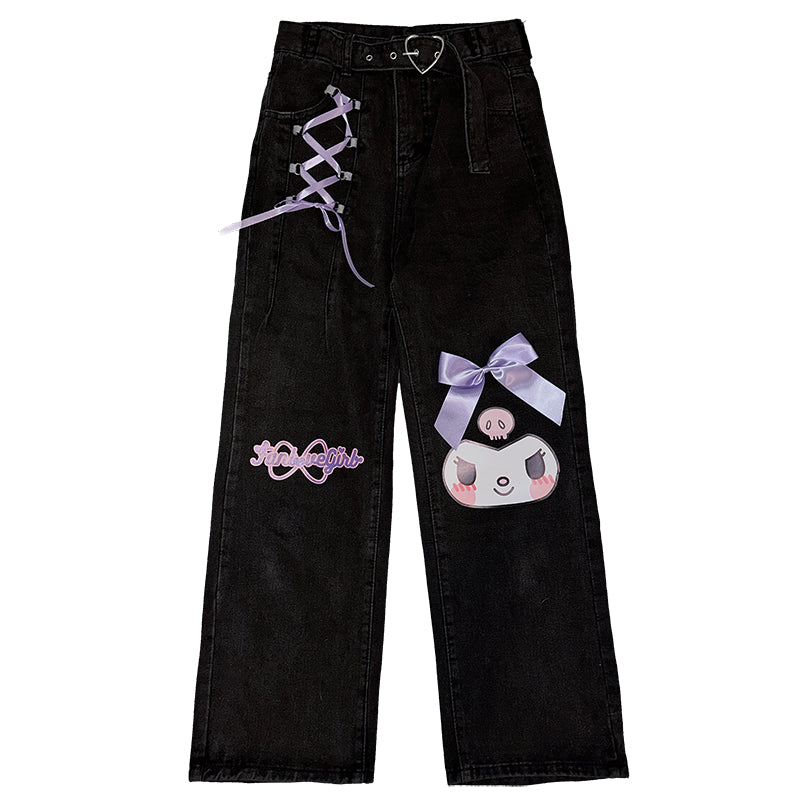 Cartoon Printed Loose Ribbon Bow Denim Trousers S22163