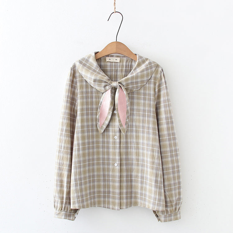 Cute Rabbit Ear Lace Plaid Shirt Knitted Vest Two-piece Set S22293