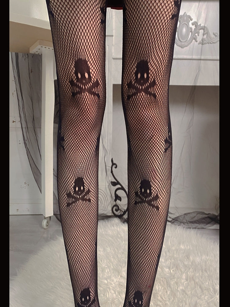 Black Punk Skull Panty-hose Sexy Girl Hollow Out Fish-net Panty-hose