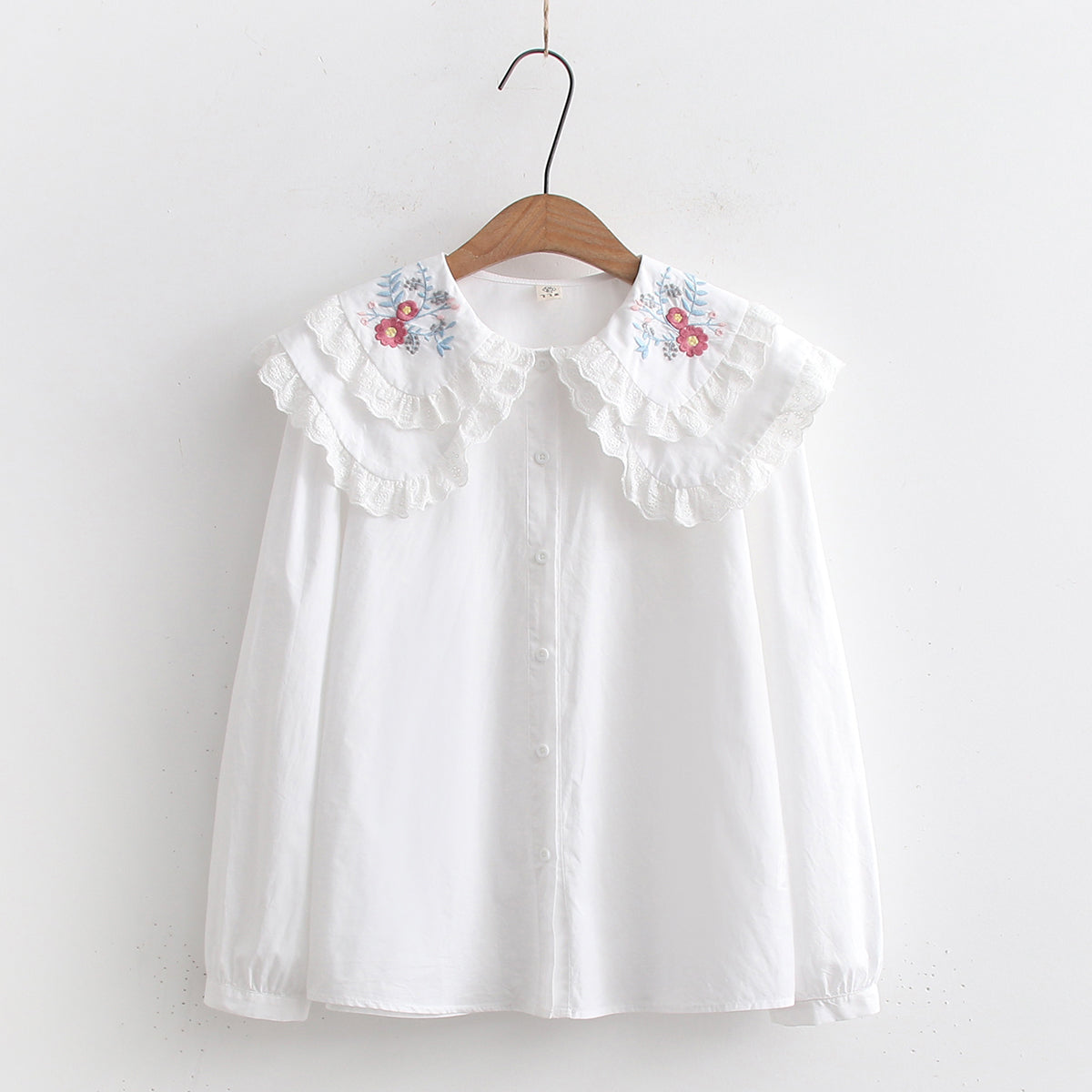 Sweet Embroidery Lace Doll Neck Long Sleeve Shirt