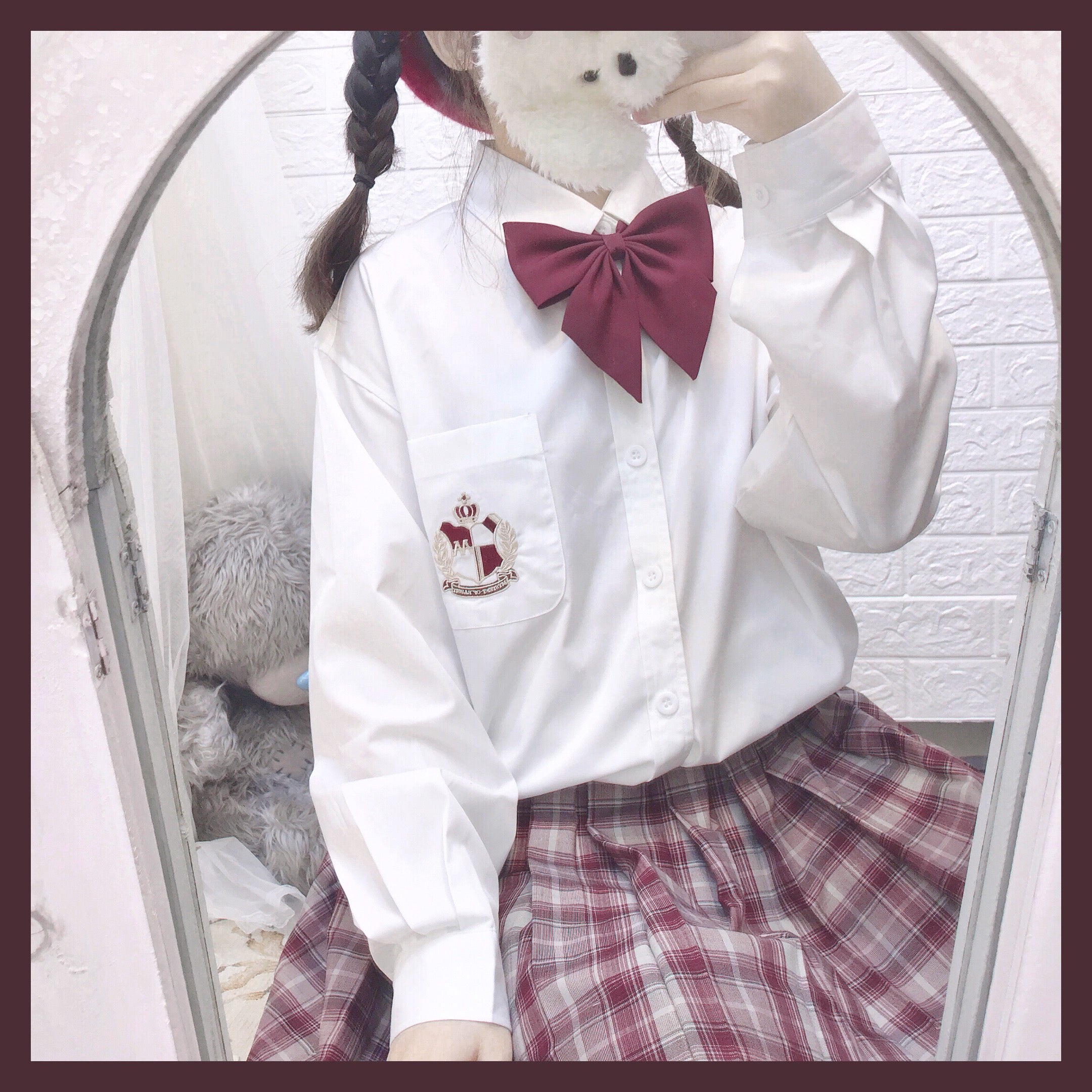 Soft Girl Versatile Wine Red Plaid Elastic Pleated Uniform Skirt