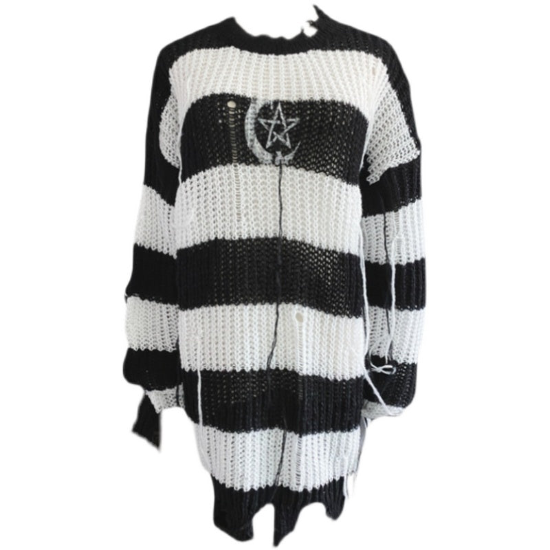 Dark Stripe Hole Knit Punk Street Pullover Round Neck Loose Sweater Girl