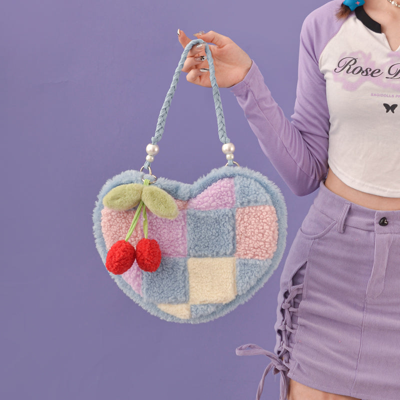 Heart-shaped Cherry Plush Shoulder Bag