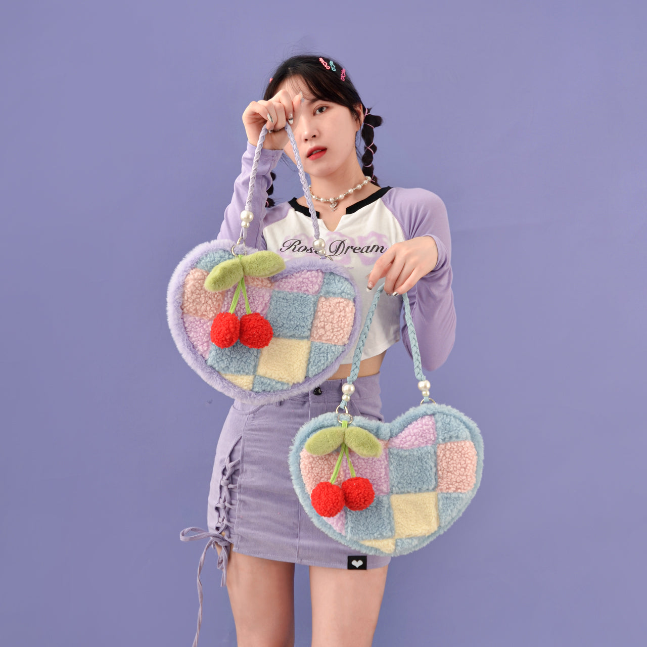 Heart-shaped Cherry Plush Shoulder Bag