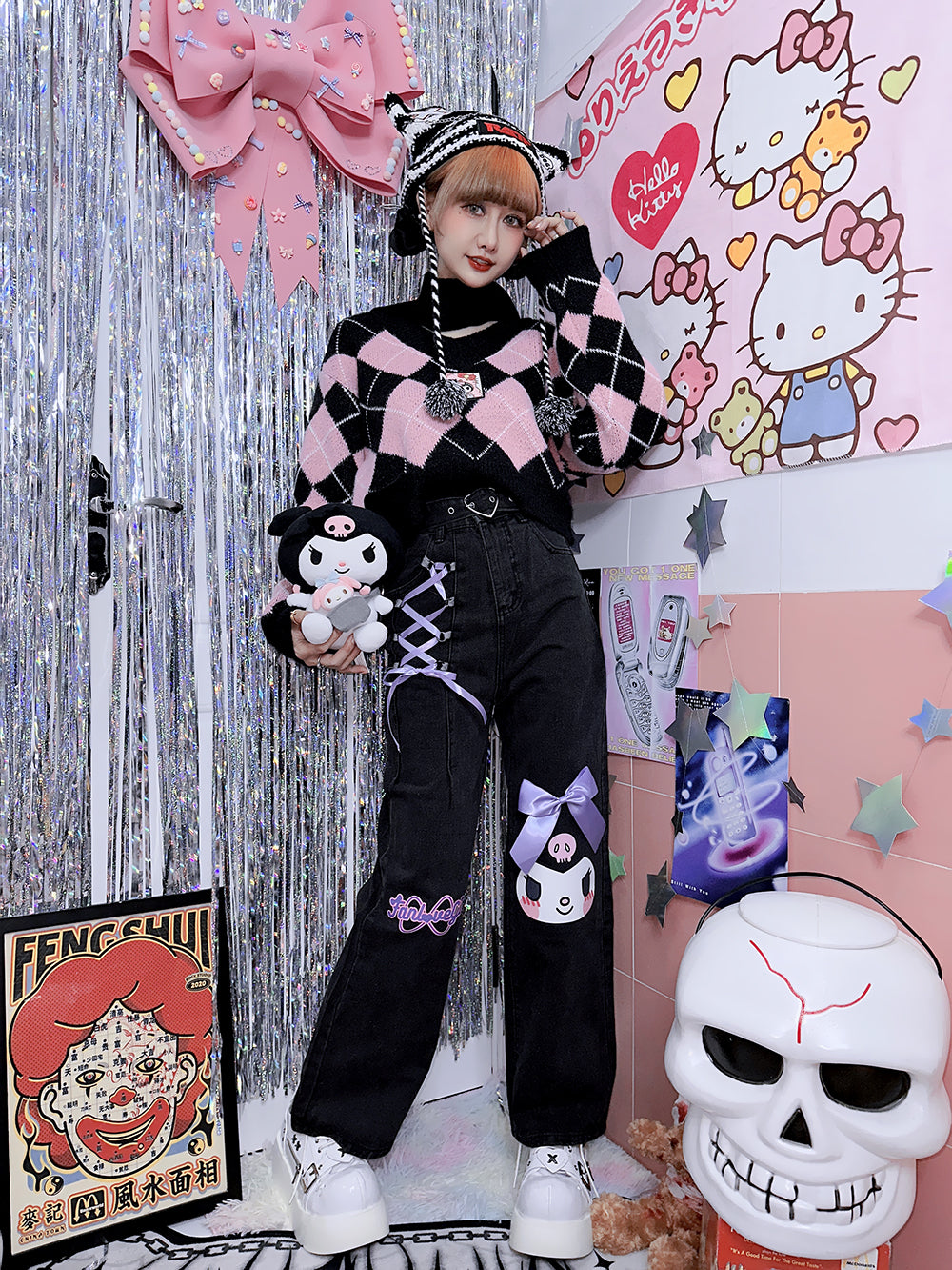 Cartoon Printed Loose Ribbon Bow Denim Trousers S22163