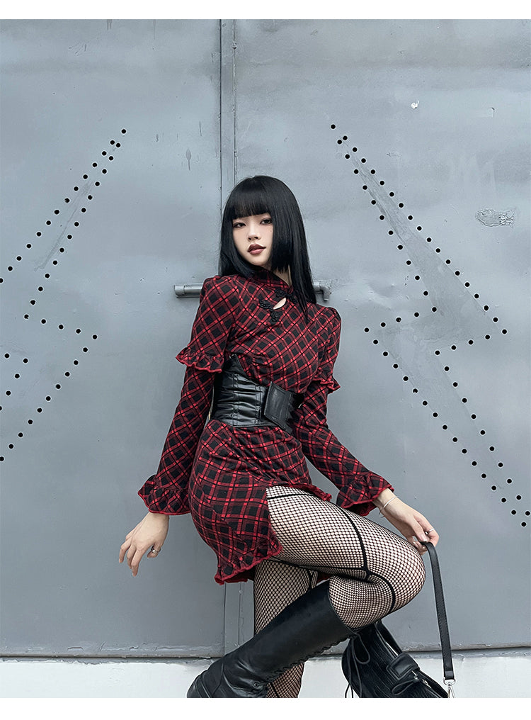 Red Plaid Improved Cheongsam Dress S22405