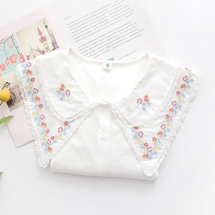 Lace Doll Neck Double Layer Embroidery Long Sleeve Shirt