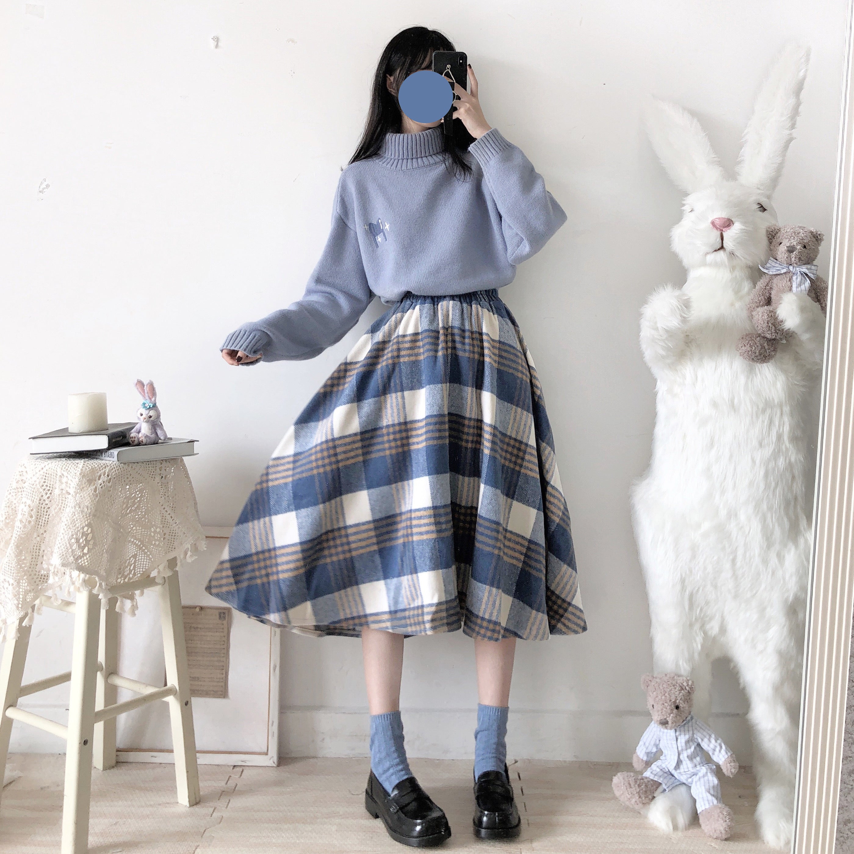 Japanese Style Tweed Soft Girl Plaid Thickened Suede Versatile Long Skirt Longuette