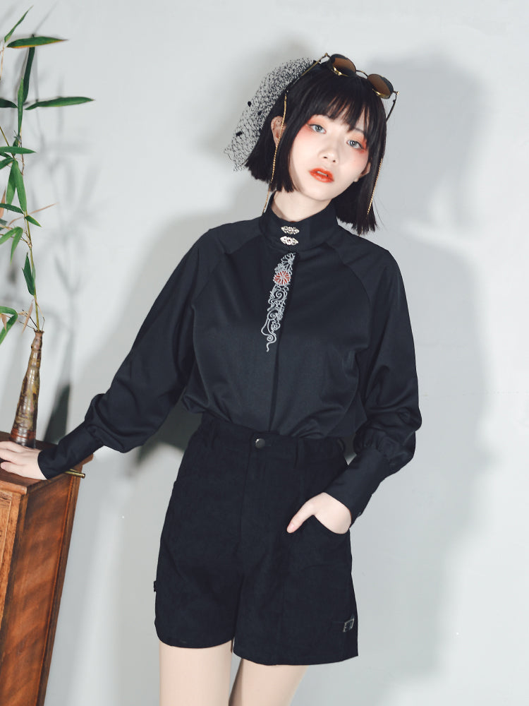 Embroidered Stand Collar Shirt Chinese Style Retro Design Shirt