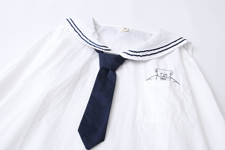 Academy Navy Tie Short Sleeve Shirt Bears Skirt Two-piece Set