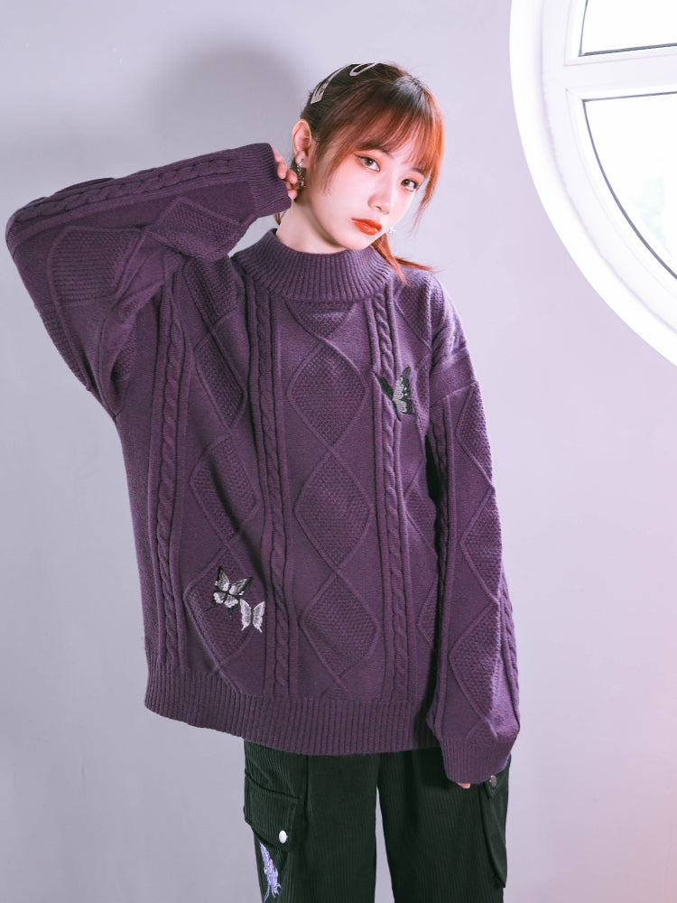 Autumn and Winter Vintage Purple Embroidery Loose Sweater