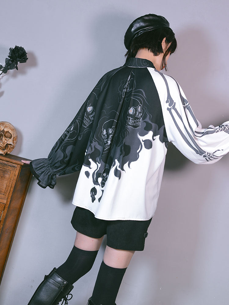 Asymmetric Printed Lantern Sleeve Shirt Retro Design Spring Shirt