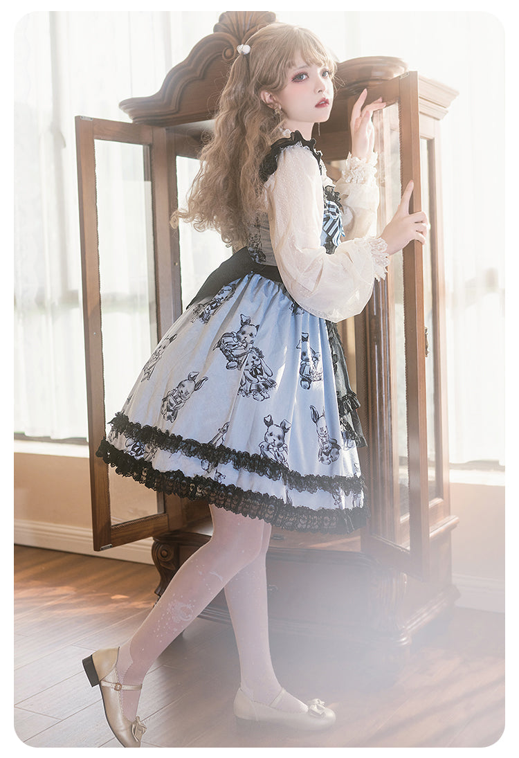 Autumn and Winter Velvet Printed Fake Two-piece Lolita Dress - cosfun
