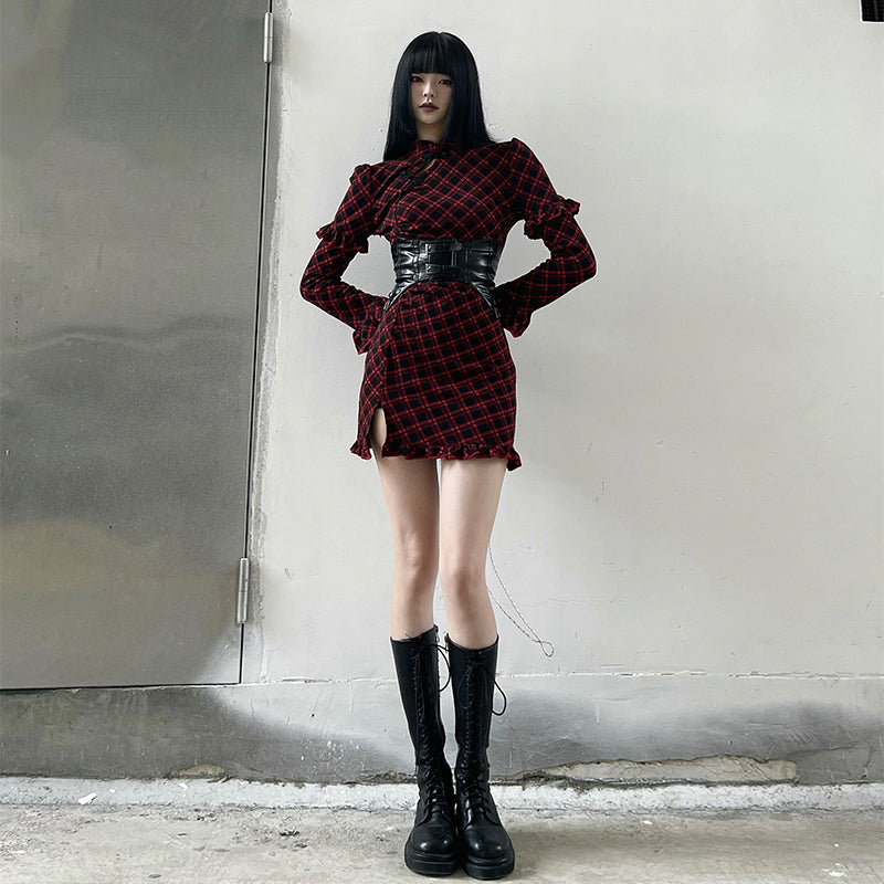 Red Plaid Improved Cheongsam Dress S22405