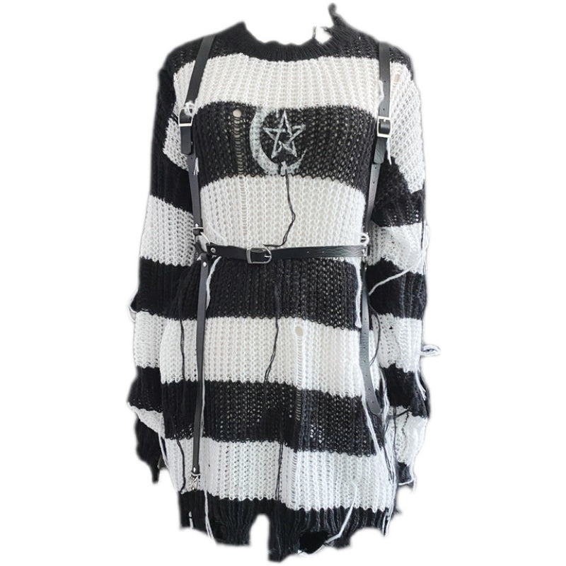 Dark Stripe Hole Knit Punk Street Pullover Round Neck Loose Sweater Girl