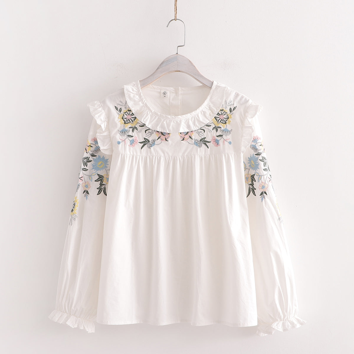 Sweet Lace Collar Floral Embroidery Long Sleeve Shirt - cosfun