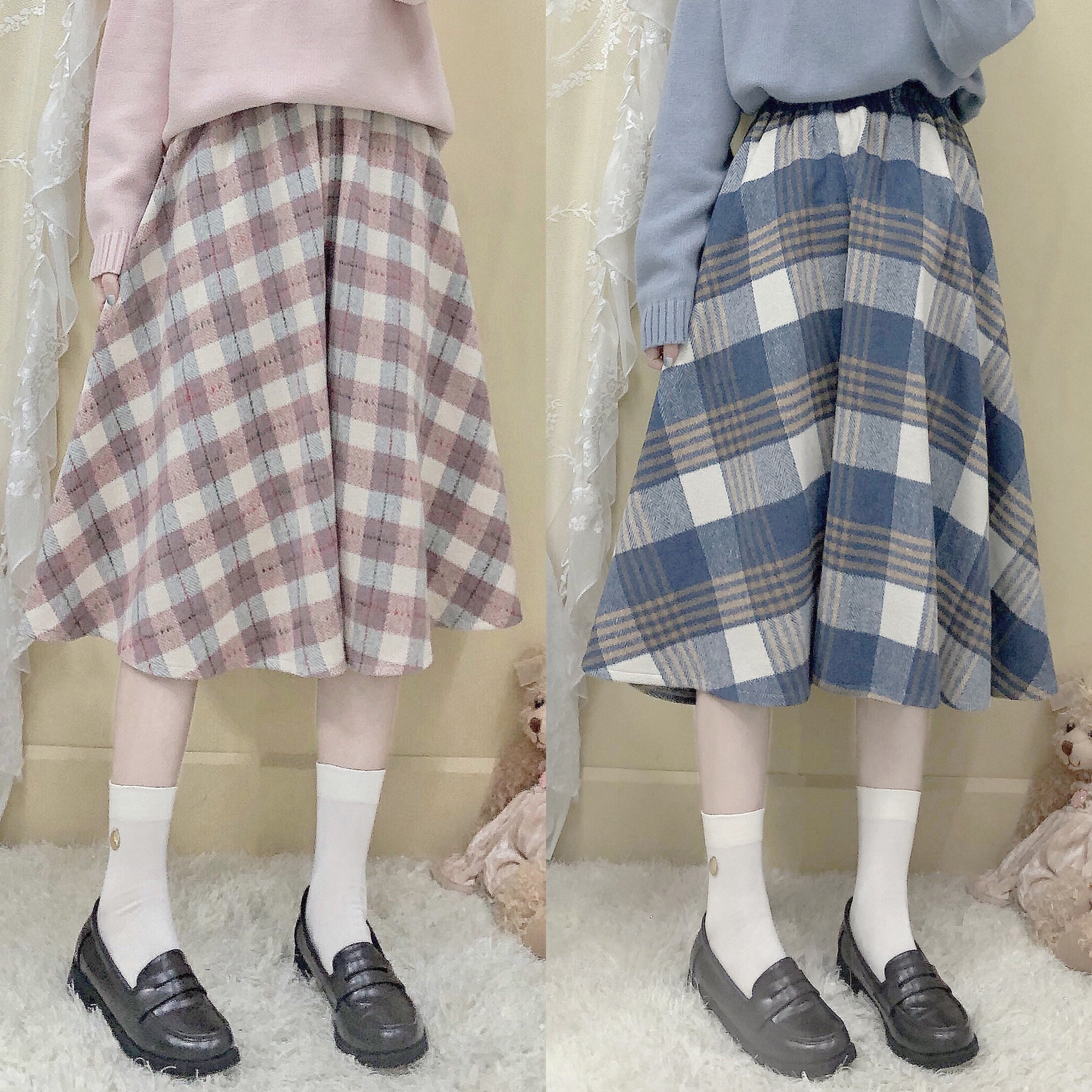 Japanese Style Tweed Soft Girl Plaid Thickened Suede Versatile Long Skirt Longuette