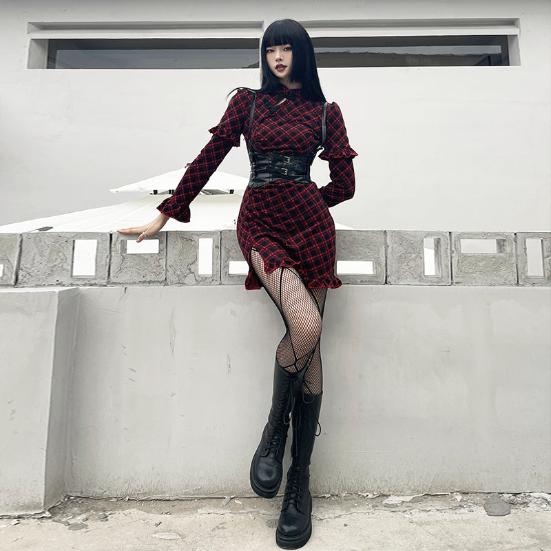 Red Plaid Improved Cheongsam Dress S22405