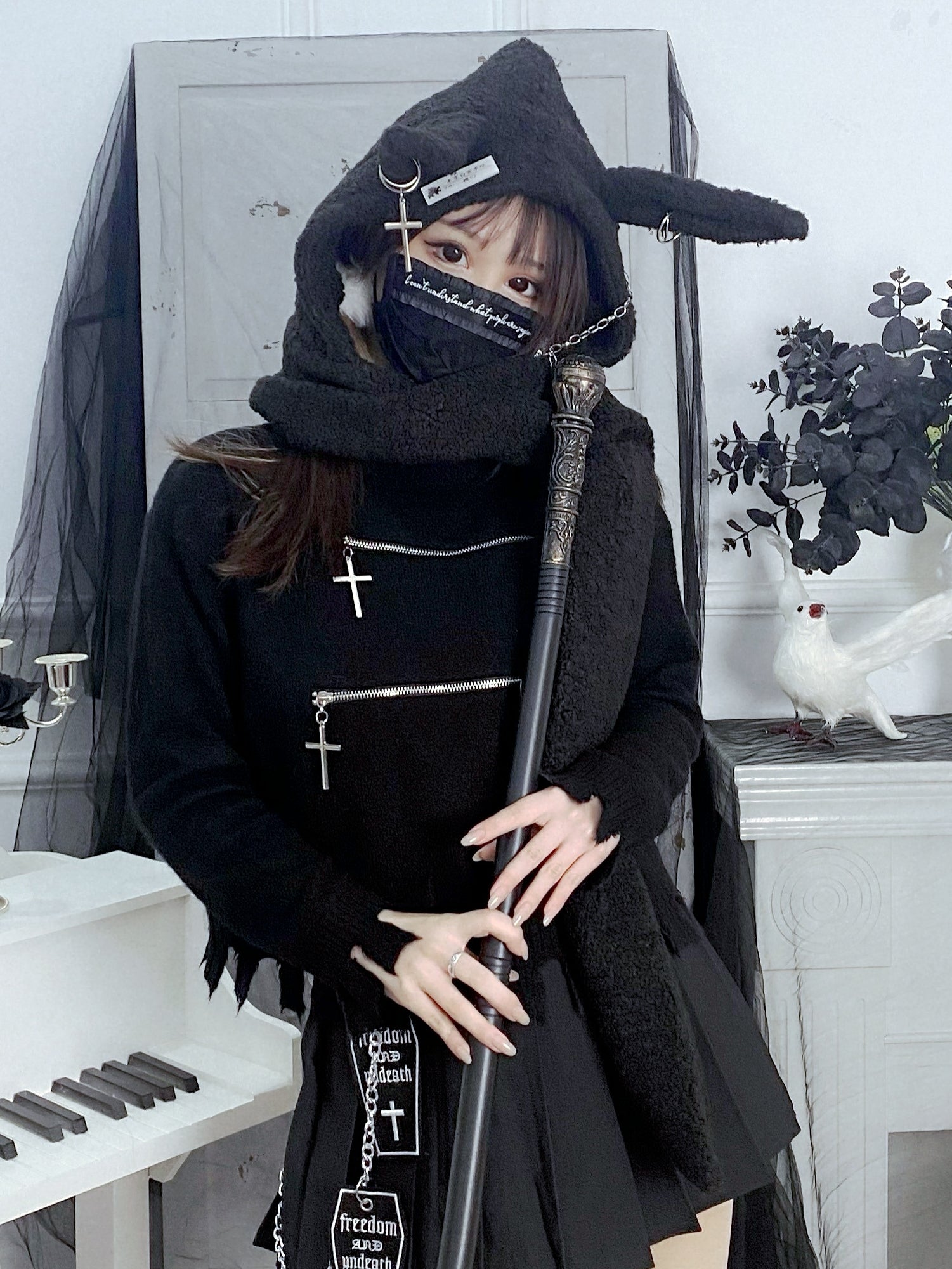 Japanese Punk Rabbit Ear Hat Chain Cross Long Lamb Harajuku 