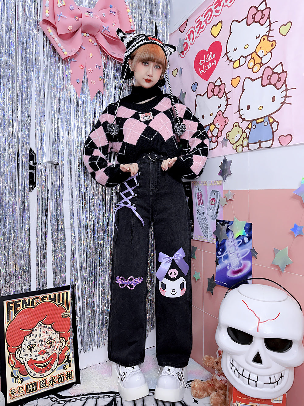 Cartoon Printed Loose Ribbon Bow Denim Trousers S22163