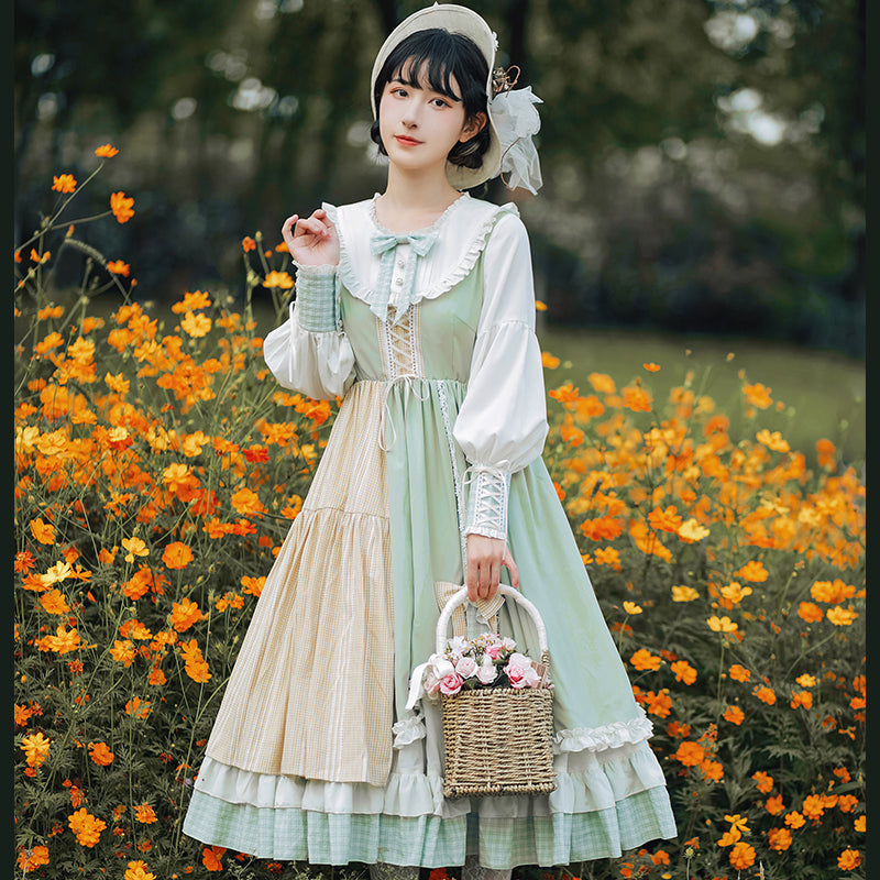 Original Summer Checkered Stitching Long Lolita Dress S20462