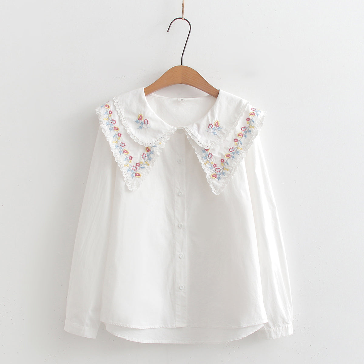 Lace Doll Neck Double Layer Embroidery Long Sleeve Shirt