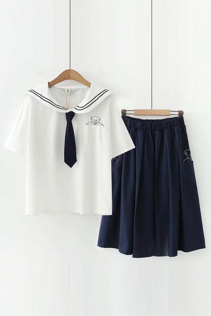 Academy Navy Tie Short Sleeve Shirt Bears Skirt Two-piece Set