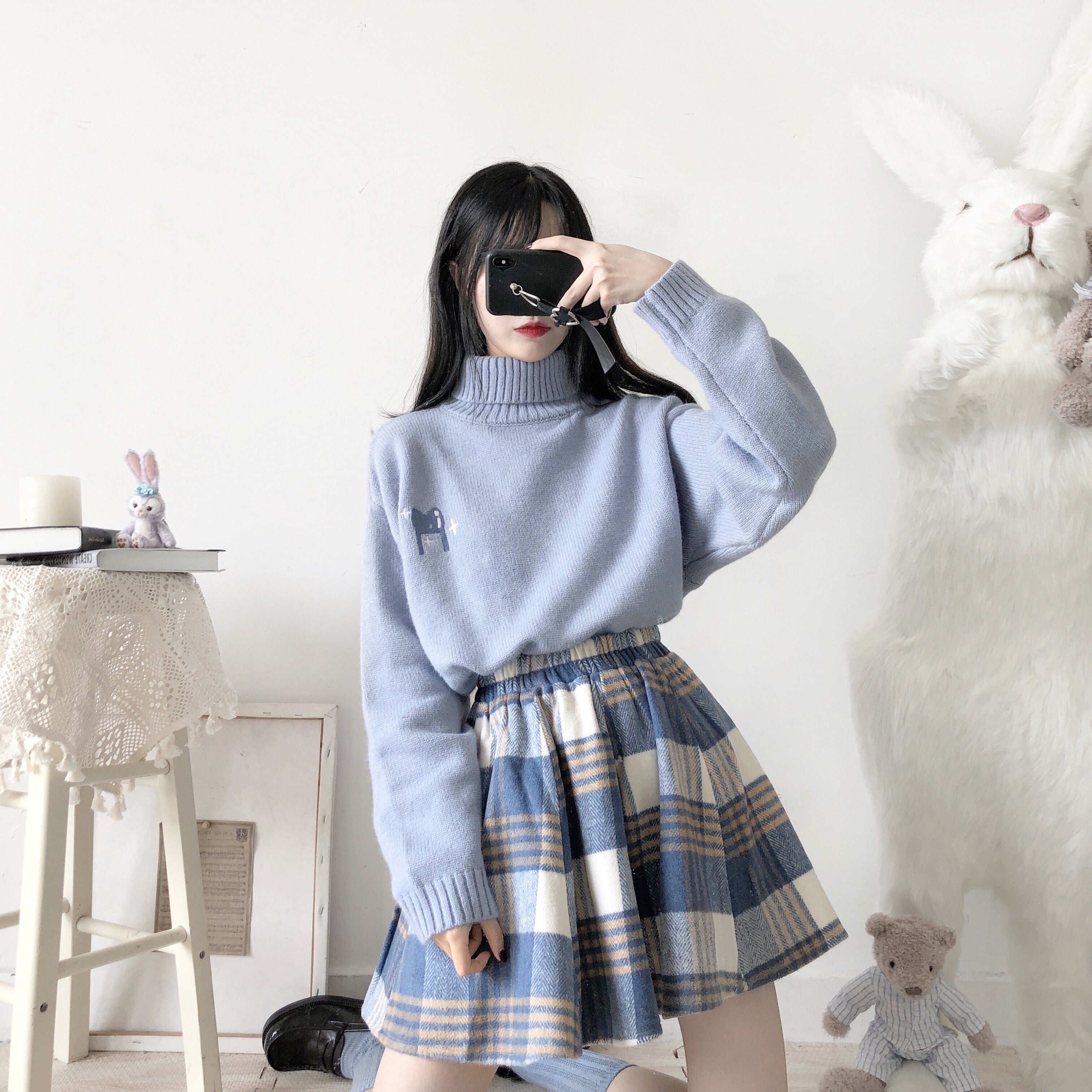 Japanese Style Tweed Soft Girl Plaid Versatile Girl Thickened Suede Skirt