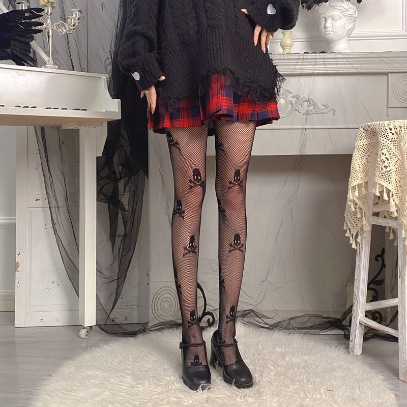 Black Punk Skull Panty-hose Sexy Girl Hollow Out Fish-net Panty-hose