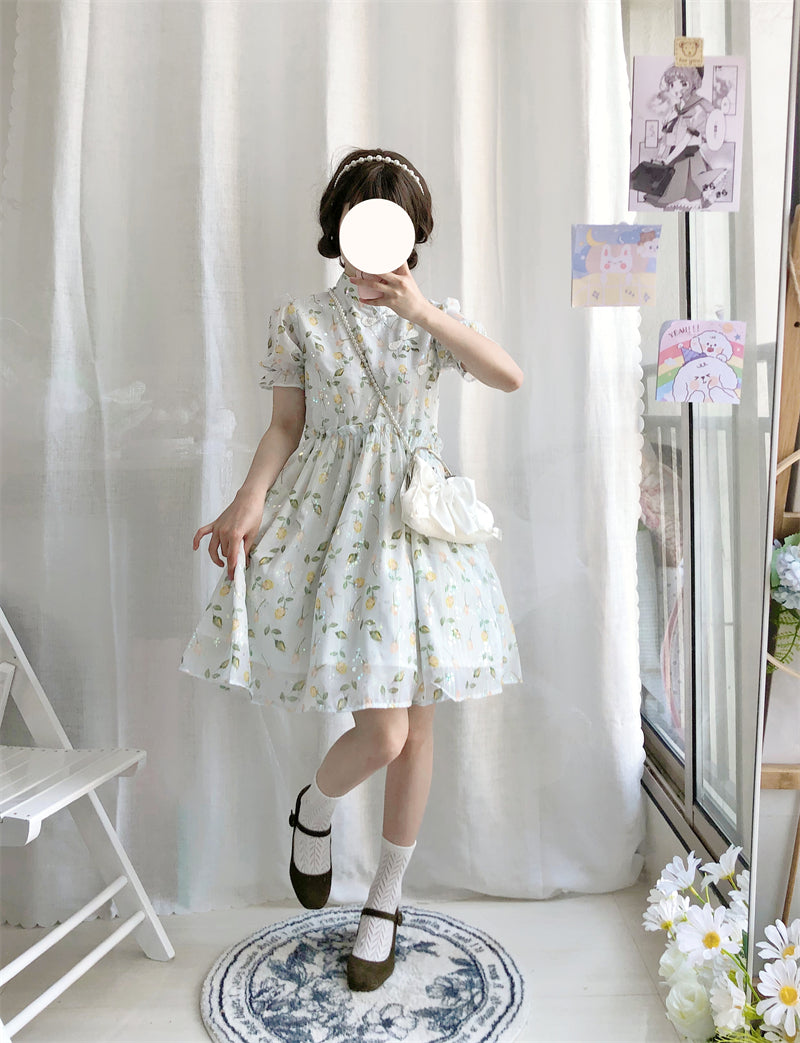 Soft Girl Floral Bubble Sleeve Cute Modified Qipao Dress