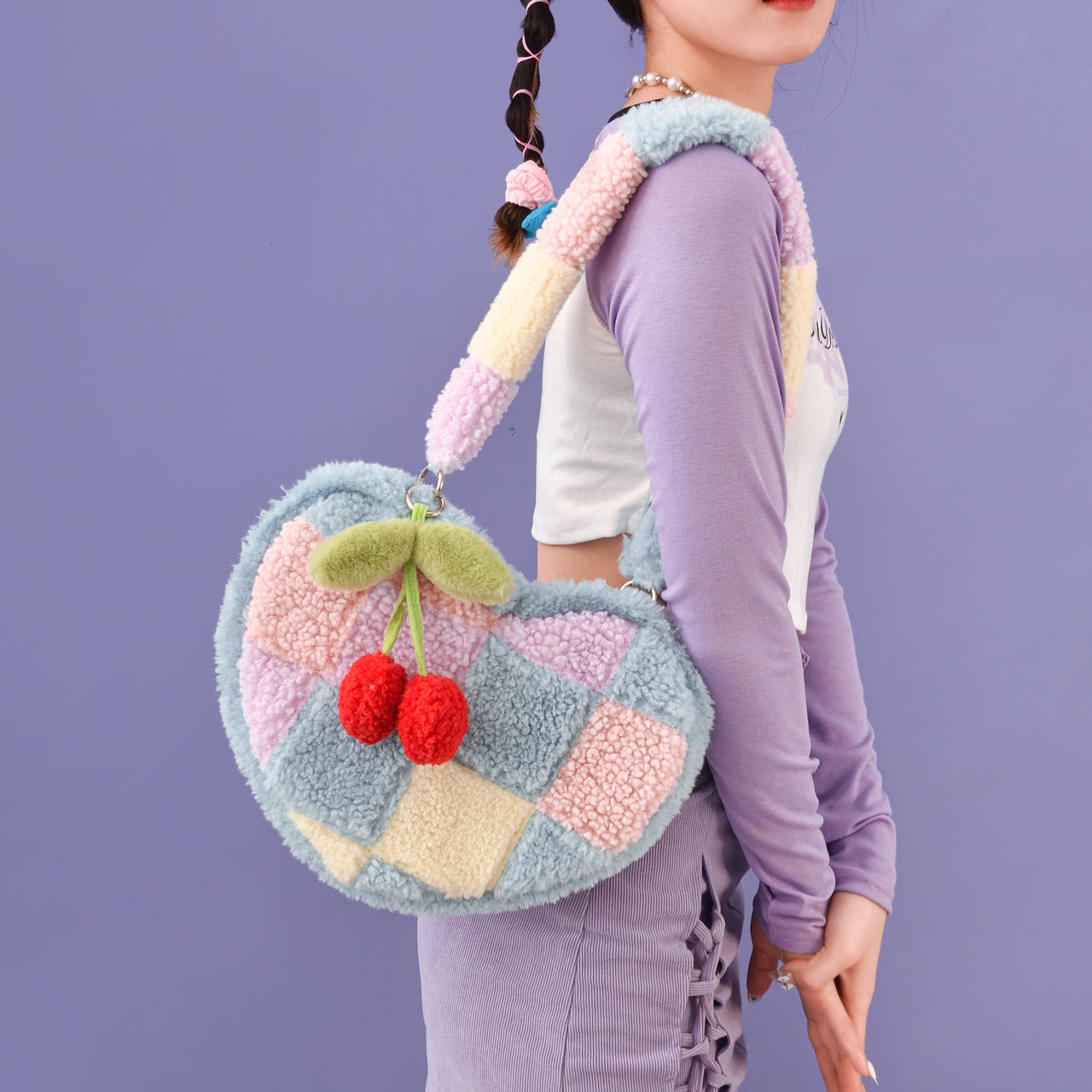 Heart-shaped Cherry Plush Shoulder Bag