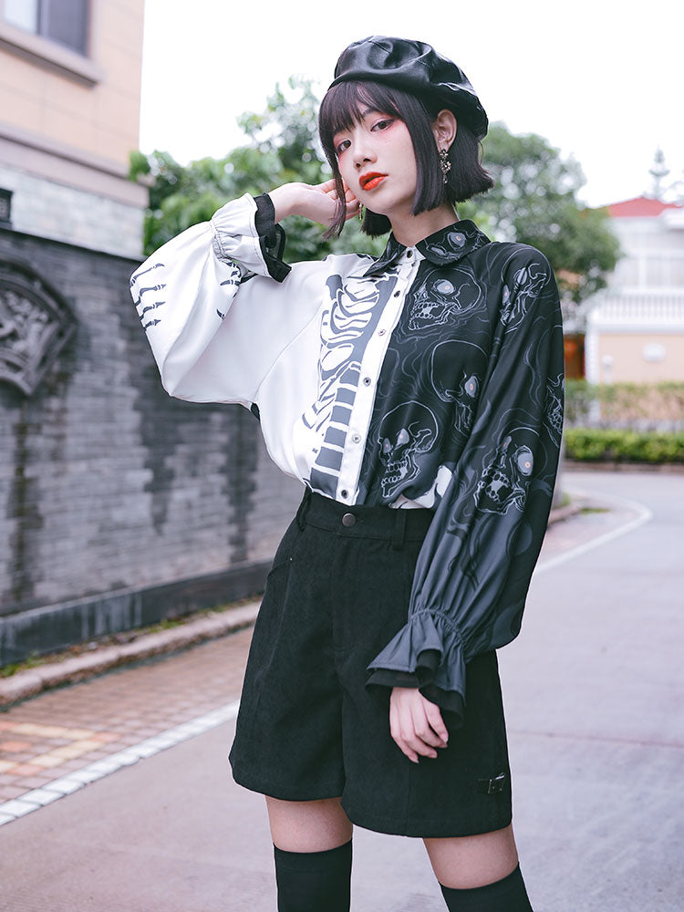 Asymmetric Printed Lantern Sleeve Shirt Retro Design Spring Shirt