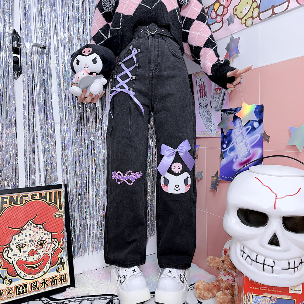 Cartoon Printed Loose Ribbon Bow Denim Trousers S22163