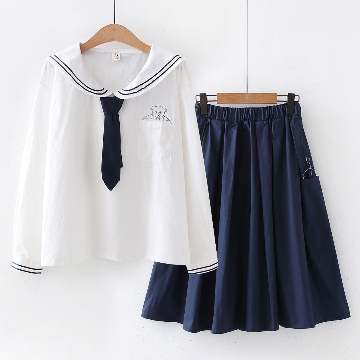 Academy Navy Tie Short Sleeve Shirt Bears Skirt Two-piece Set