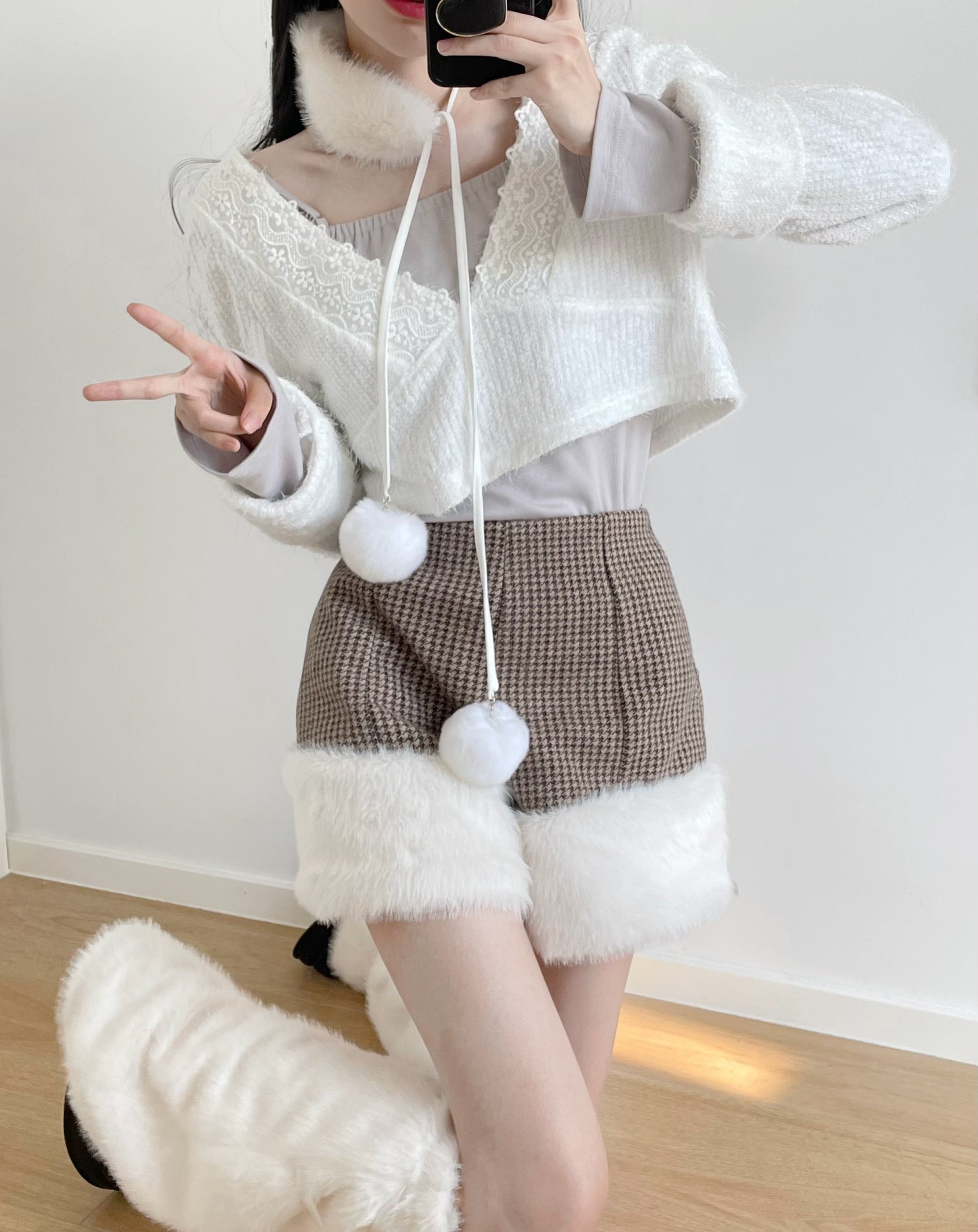 Woolen Coat Plaid Shorts Winter Warm Suit S22431