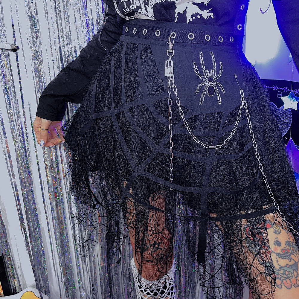 Punk Spider Chain Irregular Lace Skirt