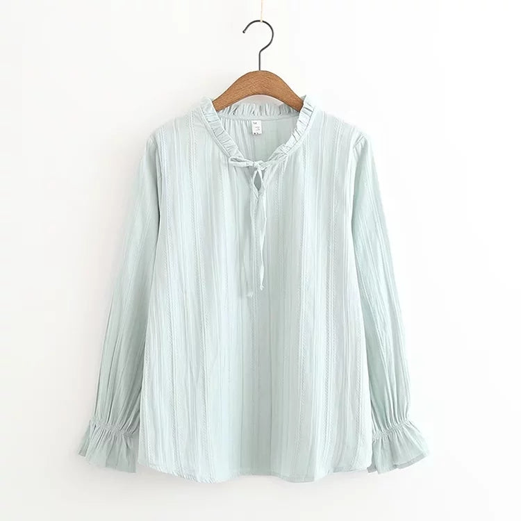 Sweet Lace Neck Lace Up Long Sleeve Shirt