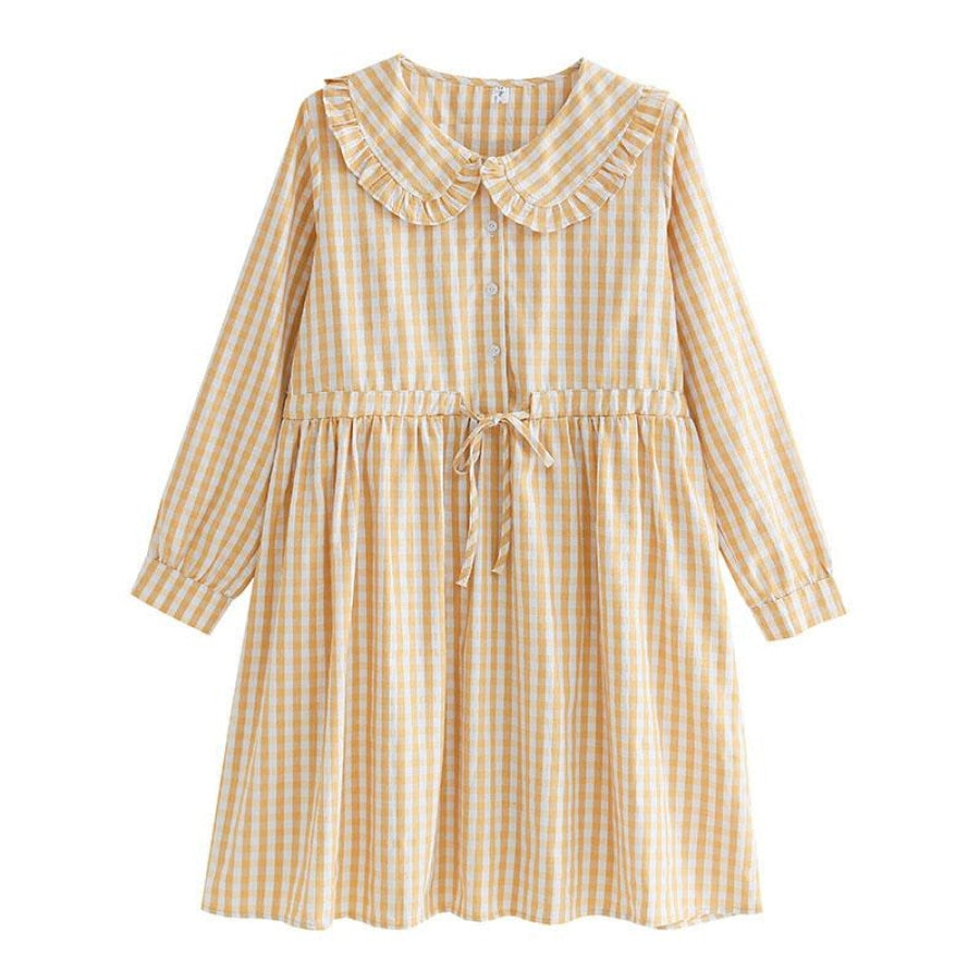 Artistic Sweet Plaid Frill Collar Buttoned Drawstring Shirt Dress J40082