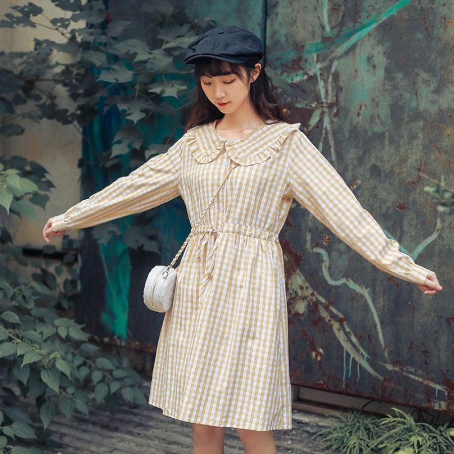 Artistic Sweet Plaid Frill Collar Buttoned Drawstring Shirt Dress J40082