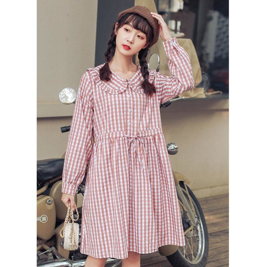 Artistic Sweet Plaid Frill Collar Buttoned Drawstring Shirt Dress J40082