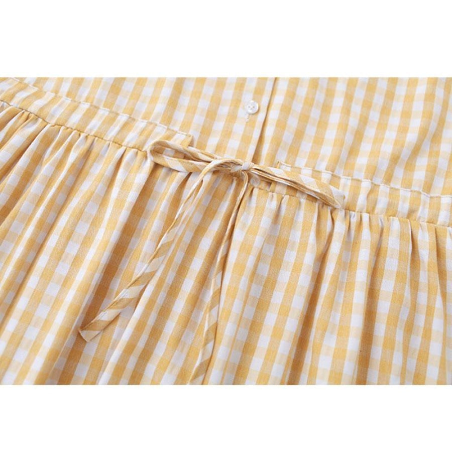 Artistic Sweet Plaid Frill Collar Buttoned Drawstring Shirt Dress J40082