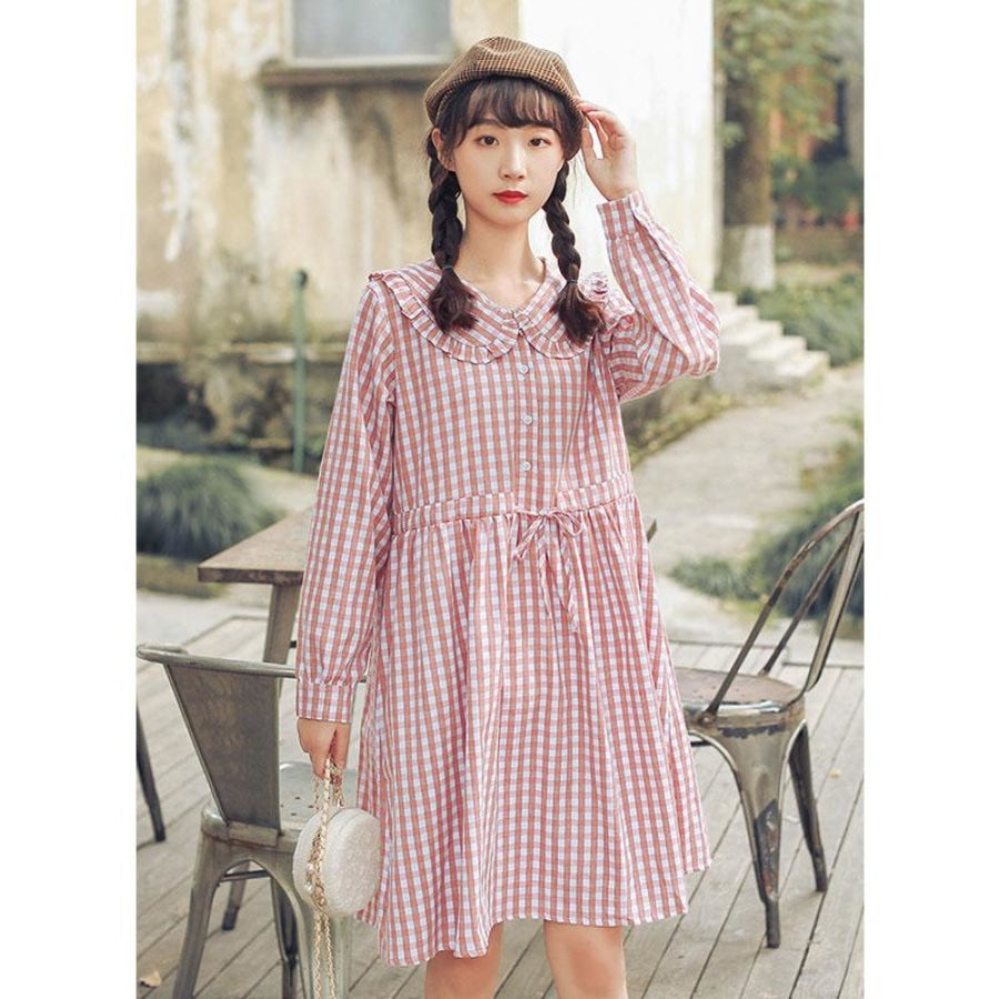 Artistic Sweet Plaid Frill Collar Buttoned Drawstring Shirt Dress J40082