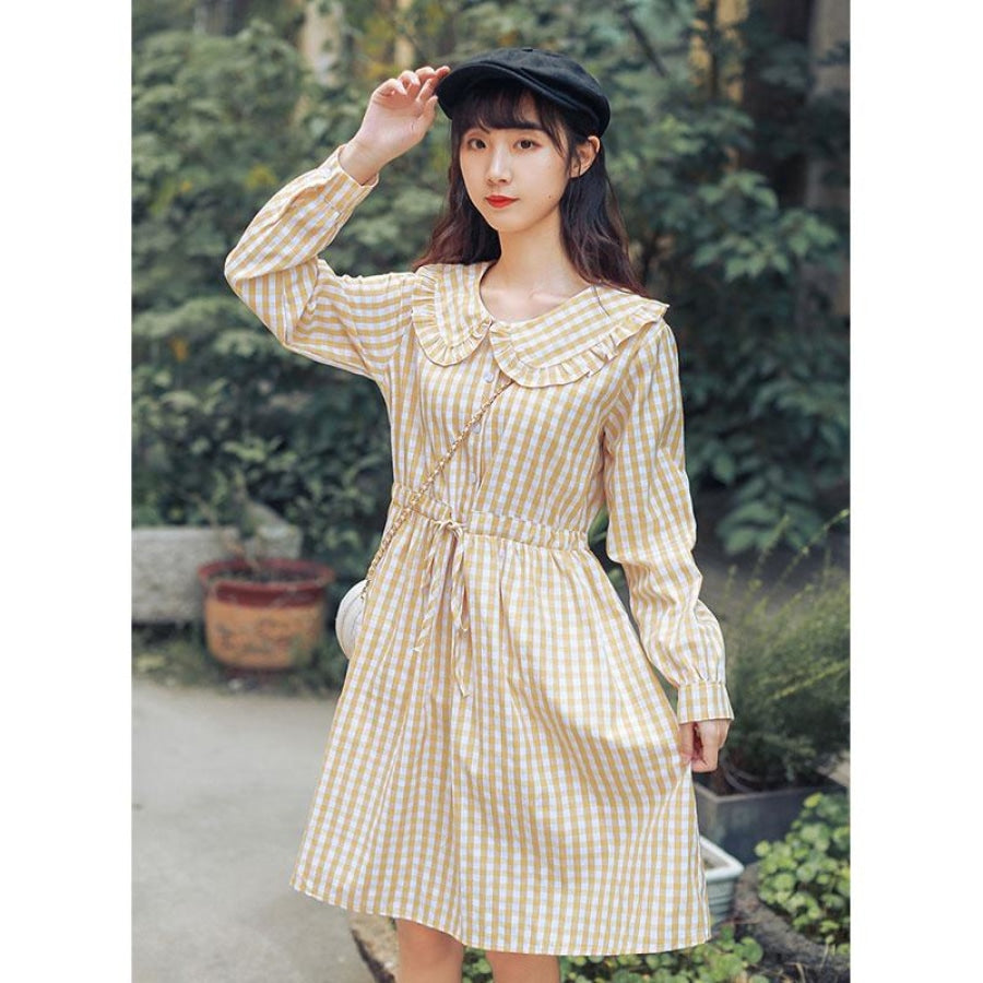 Artistic Sweet Plaid Frill Collar Buttoned Drawstring Shirt Dress J40082